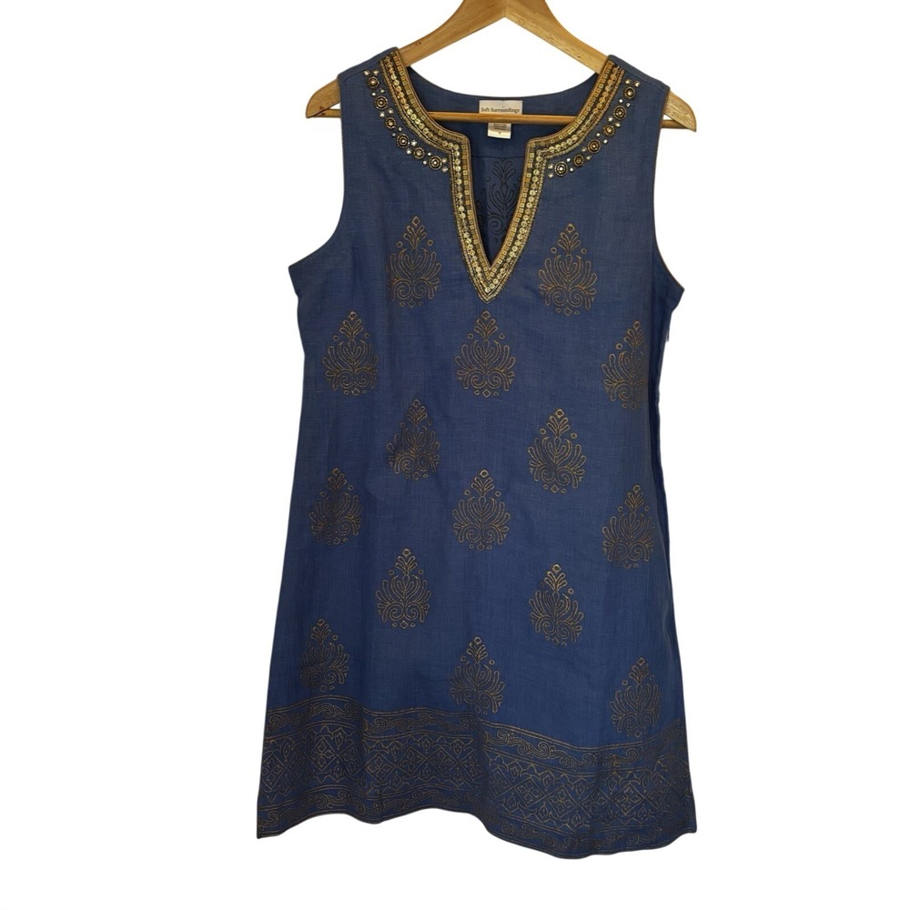 Women's Blue Gold Linen Dress Sz Small Boho Beaded Resort Euro Summer
